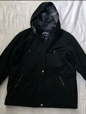 Nautica Hooded Jacket - Black/Plaid Lining - Waterproof - US W 1X - Good Cond.